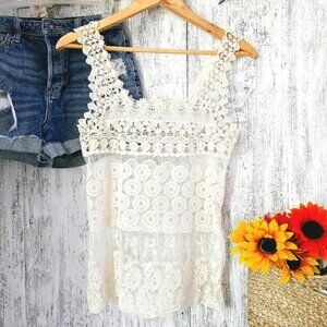 Women's Bohemian Tank Top Size Small Cream Lace Victorian Romantic Sheer Summer